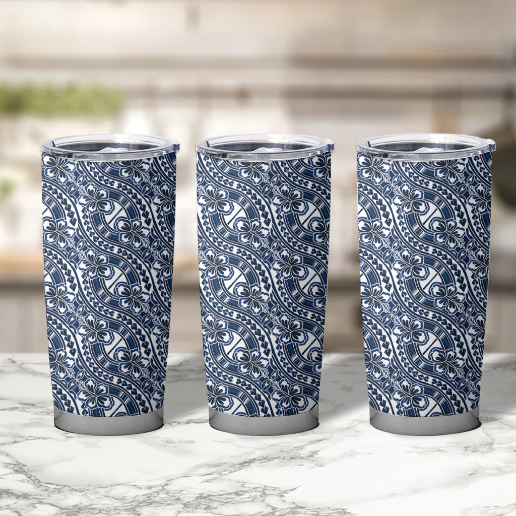 Hibiscus Bloom Island Tribal Waves Tumbler Cup Blue Polynesian Pattern