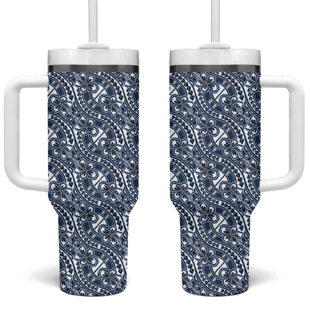 Hibiscus Bloom Island Tribal Waves Tumbler With Handle Blue Polynesian Pattern