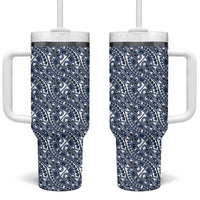 Hibiscus Bloom Island Tribal Waves Tumbler With Handle Blue Polynesian Pattern