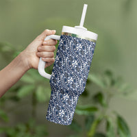 Hibiscus Bloom Island Tribal Waves Tumbler With Handle Blue Polynesian Pattern