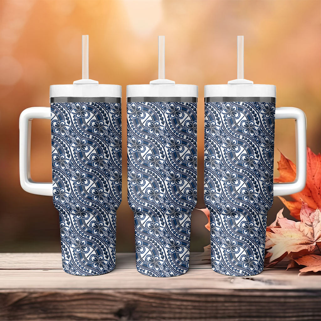Hibiscus Bloom Island Tribal Waves Tumbler With Handle Blue Polynesian Pattern