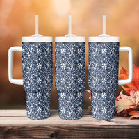 Hibiscus Bloom Island Tribal Waves Tumbler With Handle Blue Polynesian Pattern