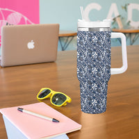 Hibiscus Bloom Island Tribal Waves Tumbler With Handle Blue Polynesian Pattern