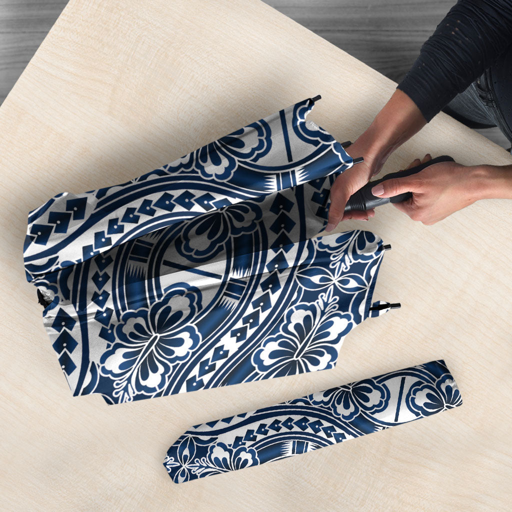 Hibiscus Bloom Island Tribal Waves Umbrella Blue Polynesian Pattern