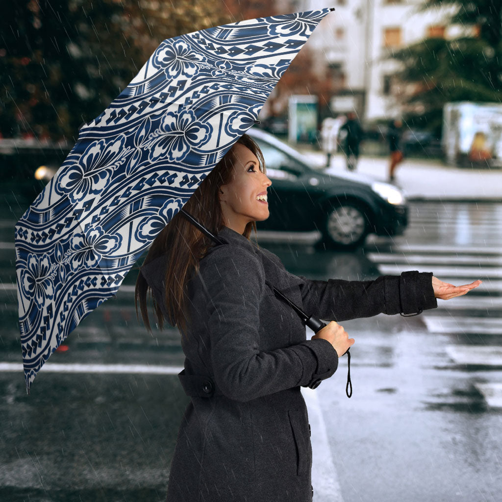 Hibiscus Bloom Island Tribal Waves Umbrella Blue Polynesian Pattern