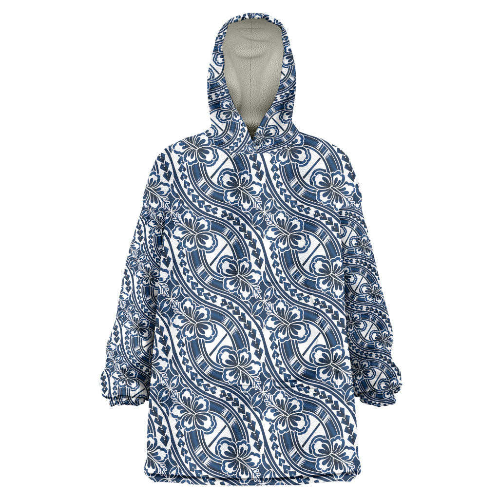 Hibiscus Bloom Island Tribal Waves Wearable Blanket Hoodie Blue Polynesian Pattern LT01 One Size Blue - Polynesian Pride