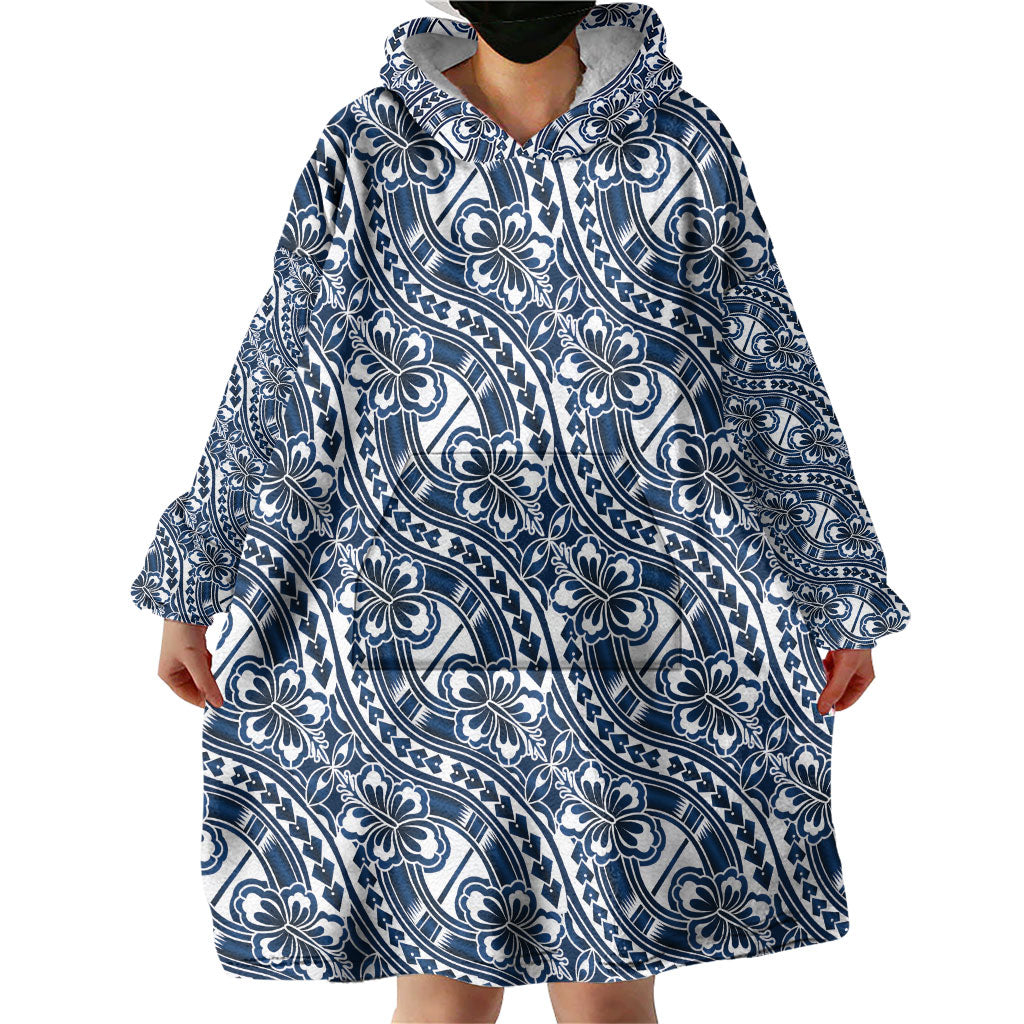 Hibiscus Bloom Island Tribal Waves Wearable Blanket Hoodie Blue Polynesian Pattern LT01 - Polynesian Pride