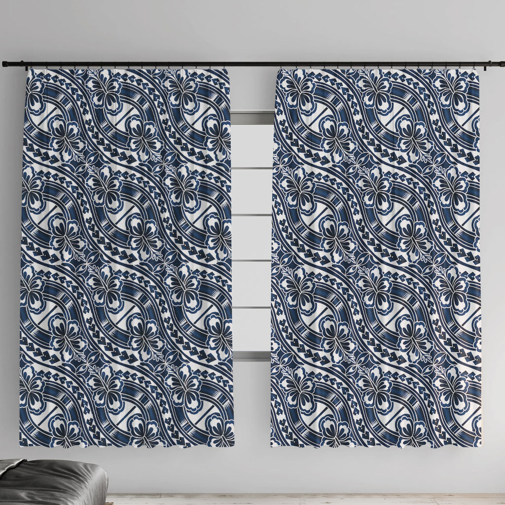 Hibiscus Bloom Island Tribal Waves Window Curtain Blue Polynesian Pattern