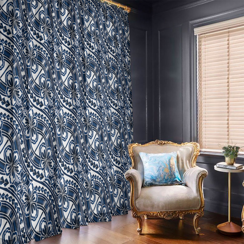 Hibiscus Bloom Island Tribal Waves Window Curtain Blue Polynesian Pattern