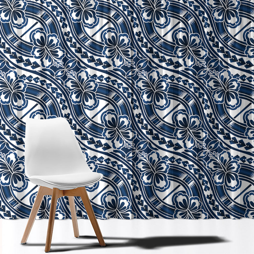 Hibiscus Bloom Island Tribal Waves Window Curtain Blue Polynesian Pattern