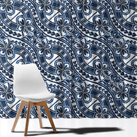 Hibiscus Bloom Island Tribal Waves Window Curtain Blue Polynesian Pattern