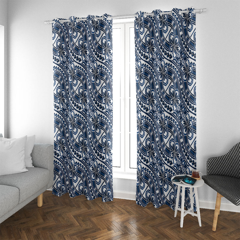 Hibiscus Bloom Island Tribal Waves Window Curtain Blue Polynesian Pattern