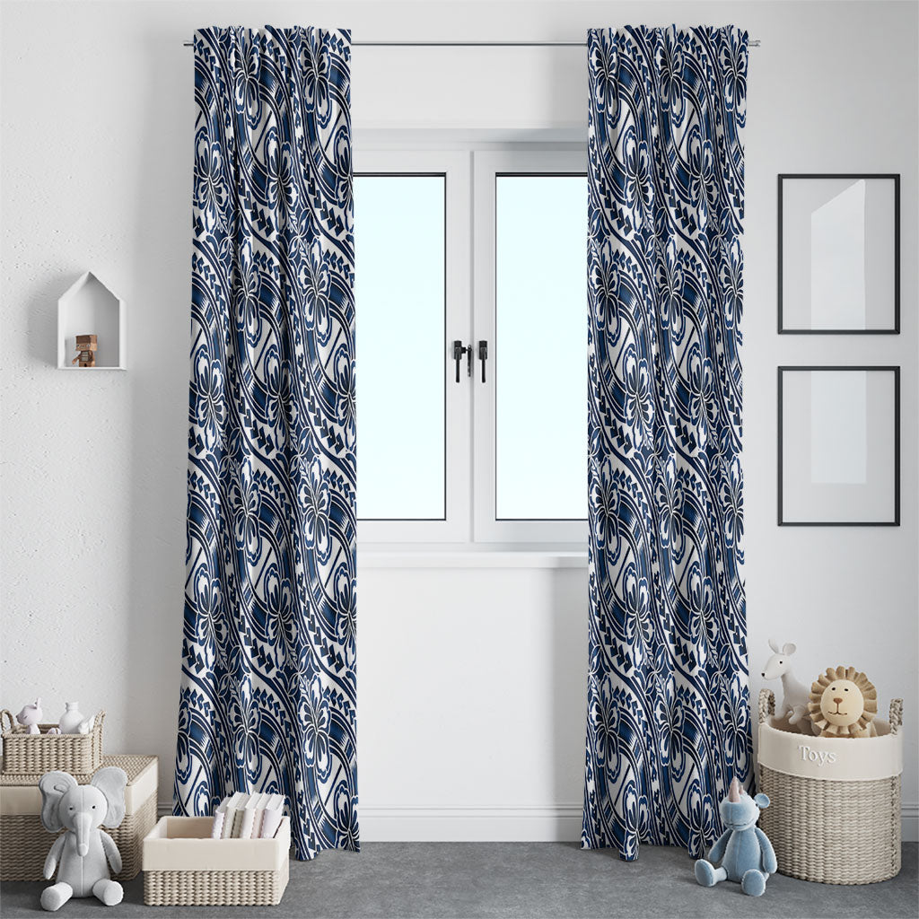 Hibiscus Bloom Island Tribal Waves Window Curtain Blue Polynesian Pattern