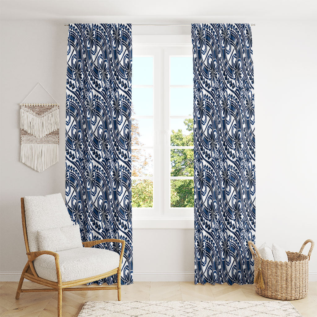 Hibiscus Bloom Island Tribal Waves Window Curtain Blue Polynesian Pattern