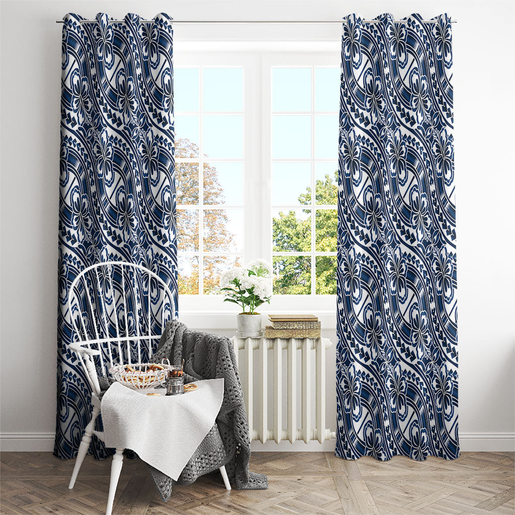 Hibiscus Bloom Island Tribal Waves Window Curtain Blue Polynesian Pattern