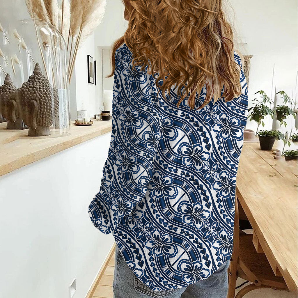 Hibiscus Bloom Island Tribal Waves Women Casual Shirt Blue Polynesian Pattern LT01 - Polynesian Pride