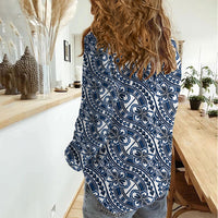 Hibiscus Bloom Island Tribal Waves Women Casual Shirt Blue Polynesian Pattern LT01 - Polynesian Pride