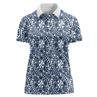 Hibiscus Bloom Island Tribal Waves Women Polo Shirt Blue Polynesian Pattern