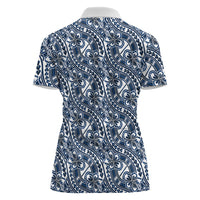 Hibiscus Bloom Island Tribal Waves Women Polo Shirt Blue Polynesian Pattern
