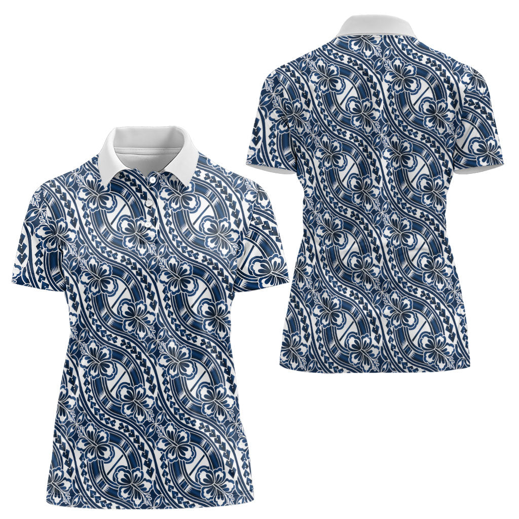 Hibiscus Bloom Island Tribal Waves Women Polo Shirt Blue Polynesian Pattern