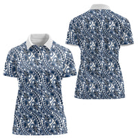 Hibiscus Bloom Island Tribal Waves Women Polo Shirt Blue Polynesian Pattern