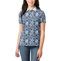 Hibiscus Bloom Island Tribal Waves Women Polo Shirt Blue Polynesian Pattern