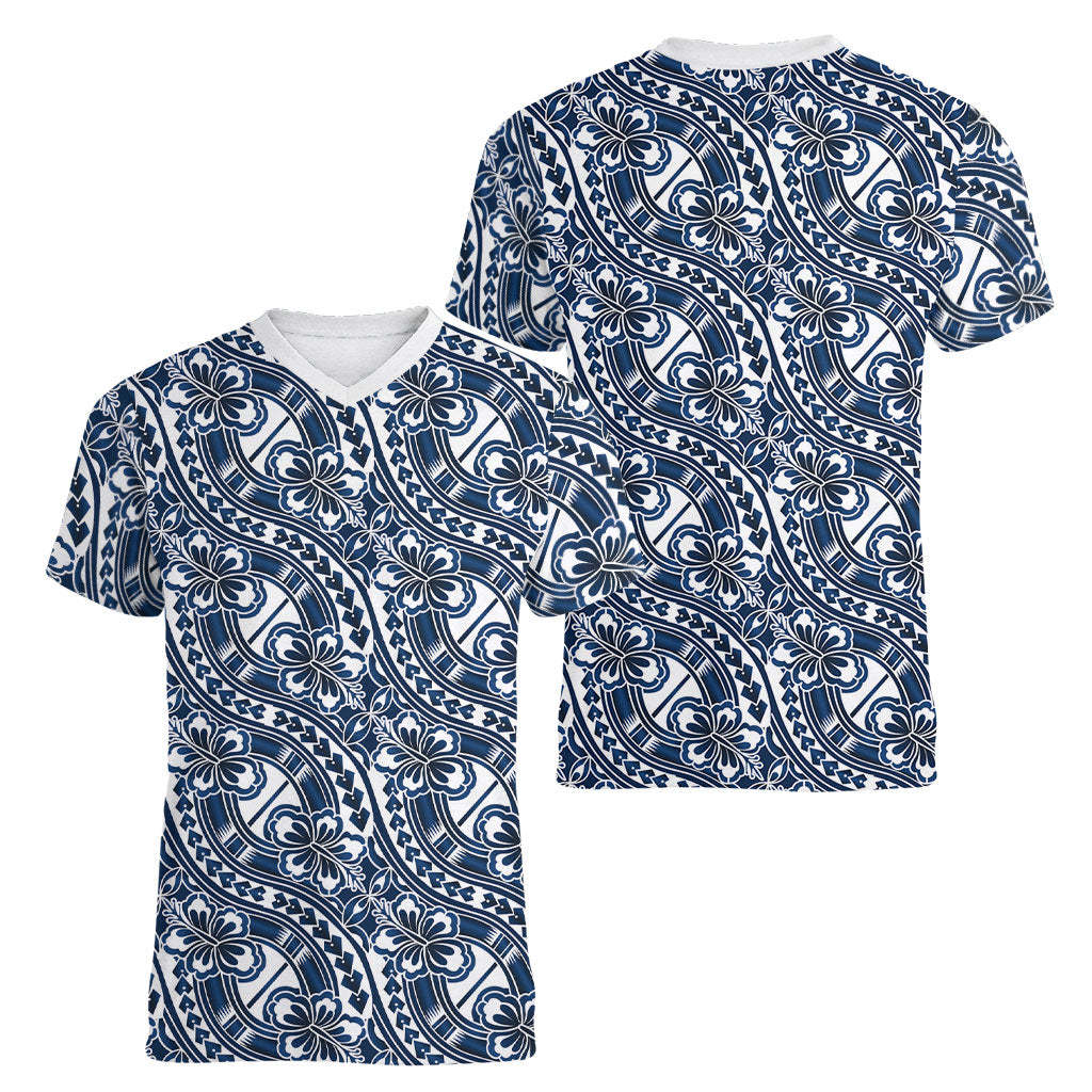 Hibiscus Bloom Island Tribal Waves Women V-Neck T-Shirt Blue Polynesian Pattern LT01 - Polynesian Pride