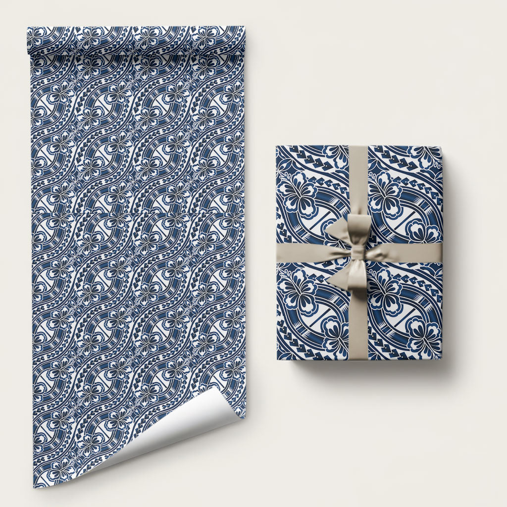 Hibiscus Bloom Island Tribal Waves Wrapping Paper Blue Polynesian Pattern