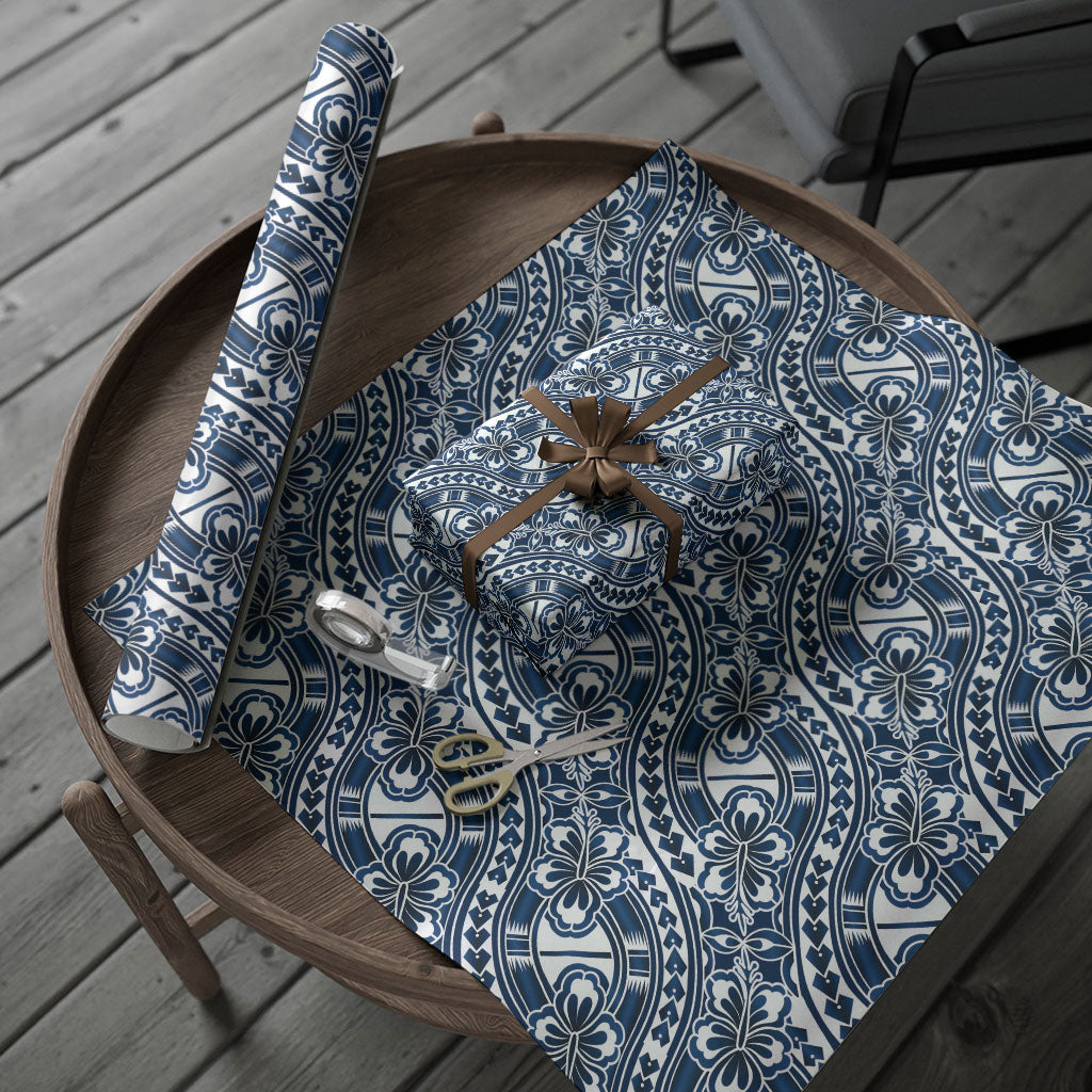 Hibiscus Bloom Island Tribal Waves Wrapping Paper Blue Polynesian Pattern