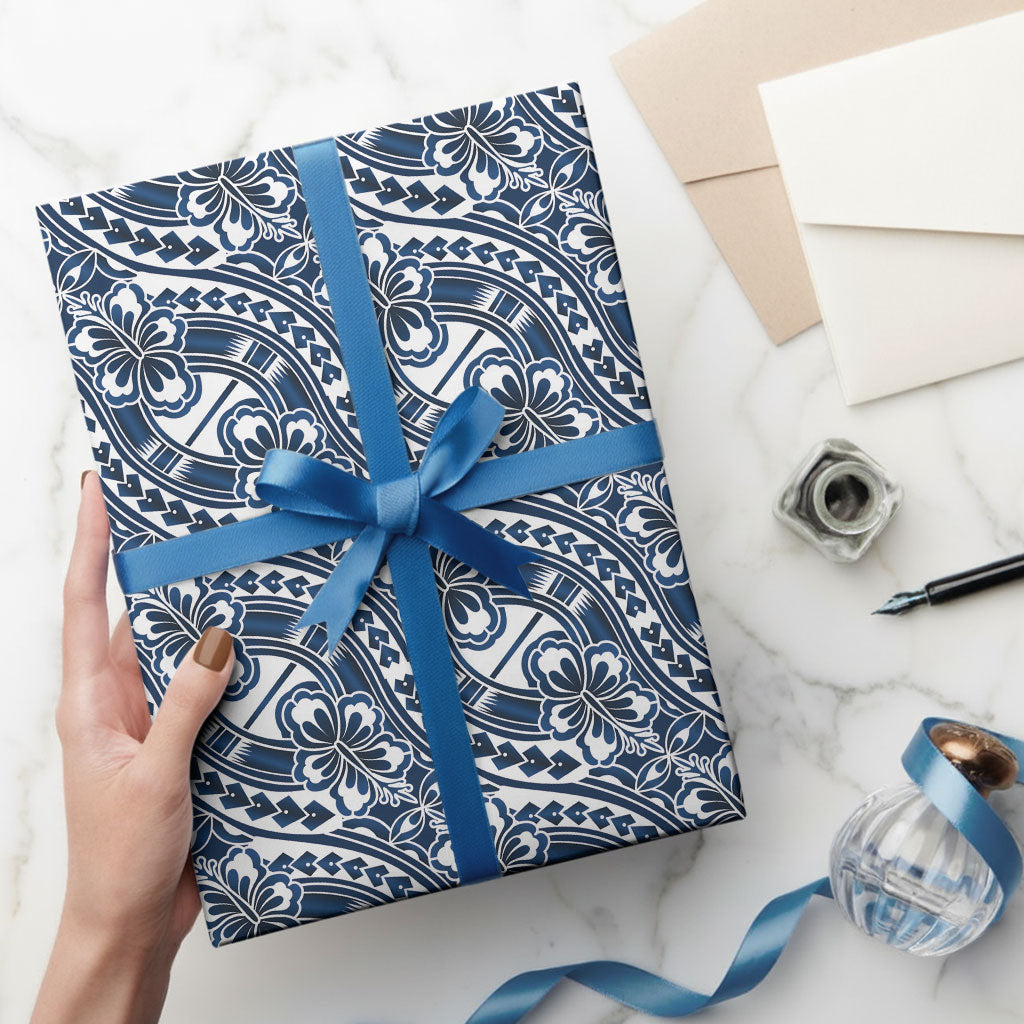 Hibiscus Bloom Island Tribal Waves Wrapping Paper Blue Polynesian Pattern