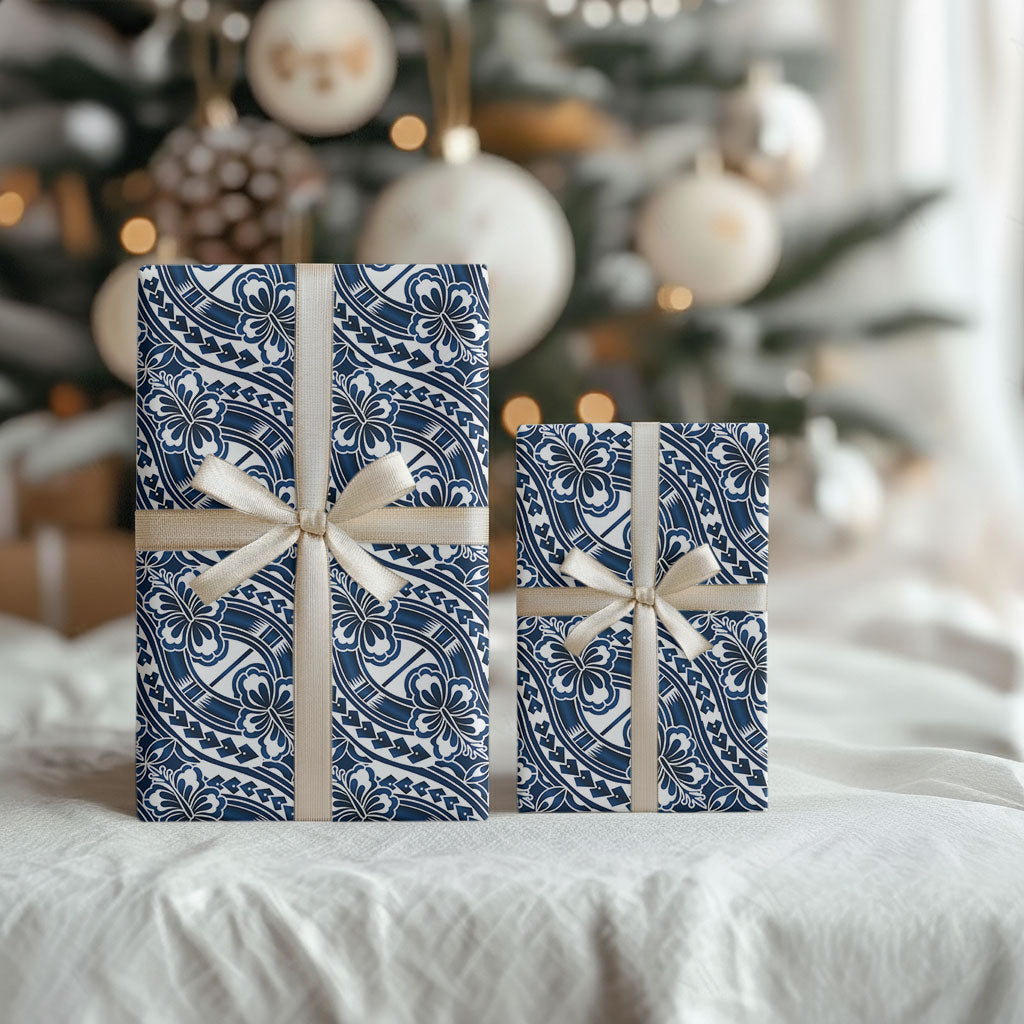 Hibiscus Bloom Island Tribal Waves Wrapping Paper Blue Polynesian Pattern