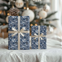 Hibiscus Bloom Island Tribal Waves Wrapping Paper Blue Polynesian Pattern