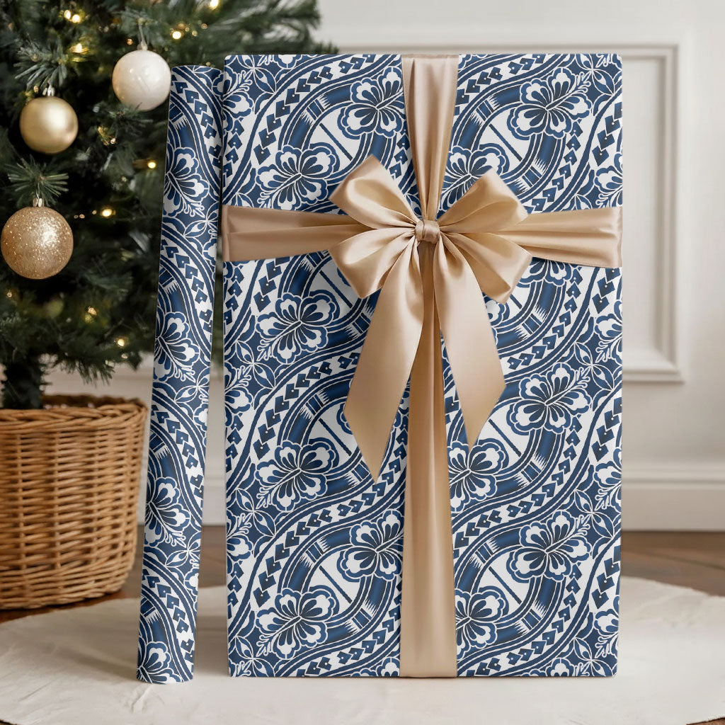 Hibiscus Bloom Island Tribal Waves Wrapping Paper Blue Polynesian Pattern
