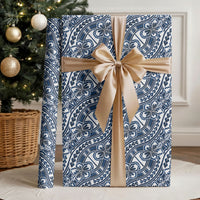 Hibiscus Bloom Island Tribal Waves Wrapping Paper Blue Polynesian Pattern