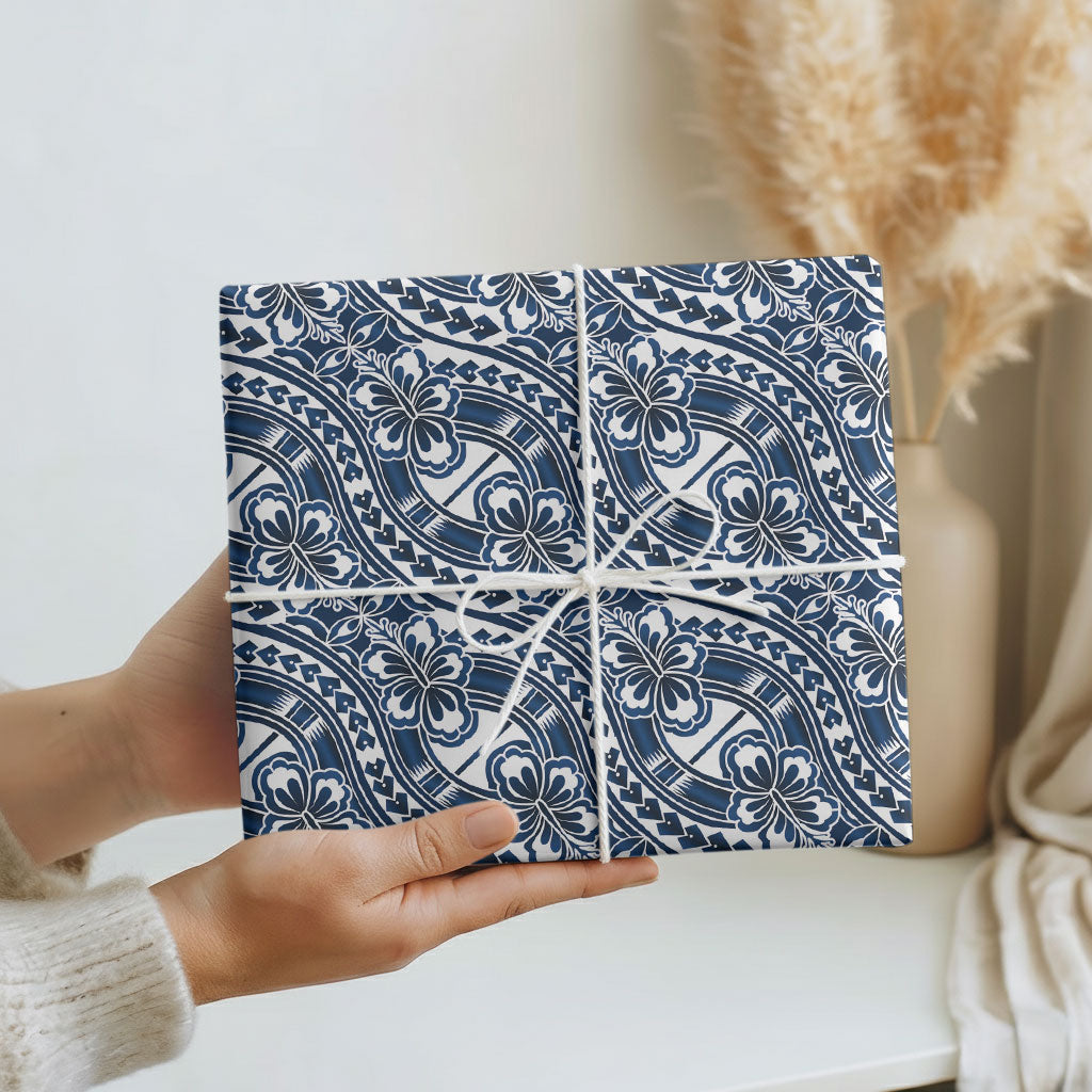 Hibiscus Bloom Island Tribal Waves Wrapping Paper Blue Polynesian Pattern