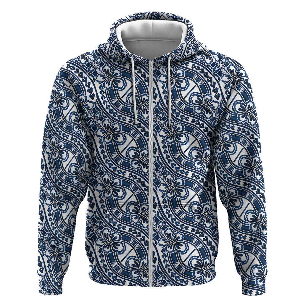 Hibiscus Bloom Island Tribal Waves Zip Hoodie Blue Polynesian Pattern LT01 Zip Hoodie Blue - Polynesian Pride