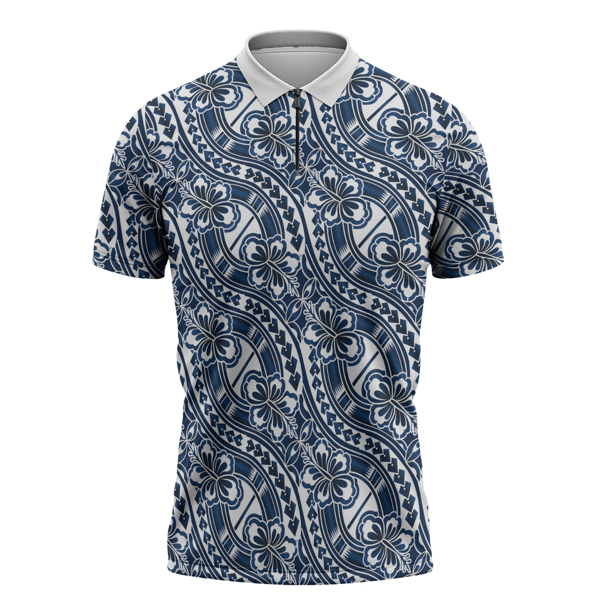 Hibiscus Bloom Island Tribal Waves Zipper Polo Shirt Blue Polynesian Pattern
