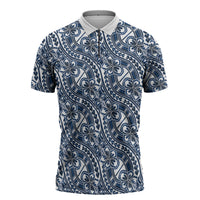 Hibiscus Bloom Island Tribal Waves Zipper Polo Shirt Blue Polynesian Pattern