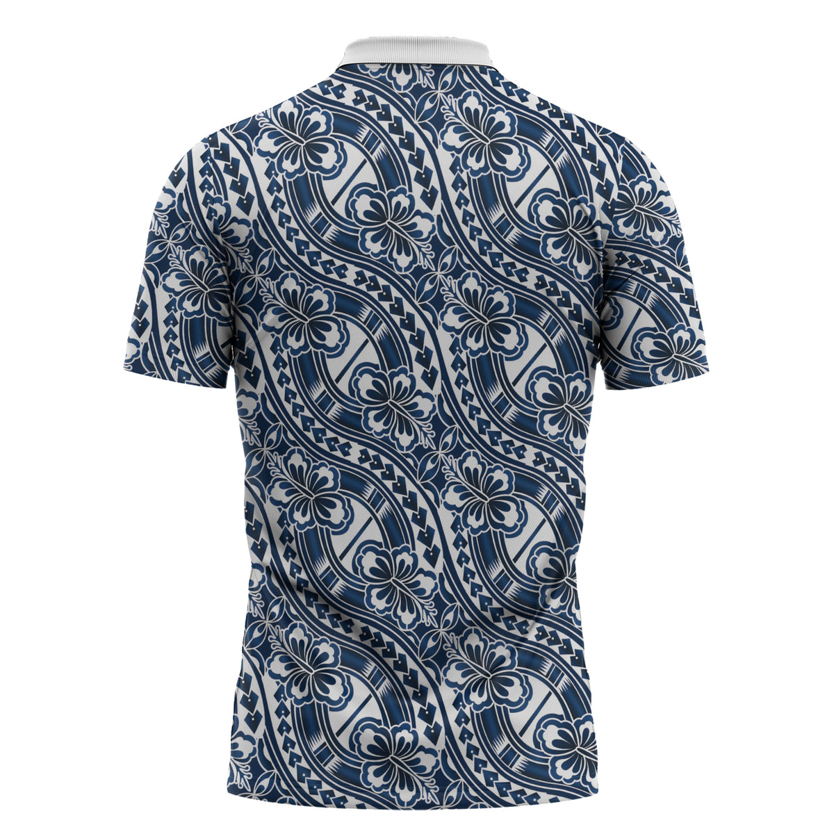 Hibiscus Bloom Island Tribal Waves Zipper Polo Shirt Blue Polynesian Pattern
