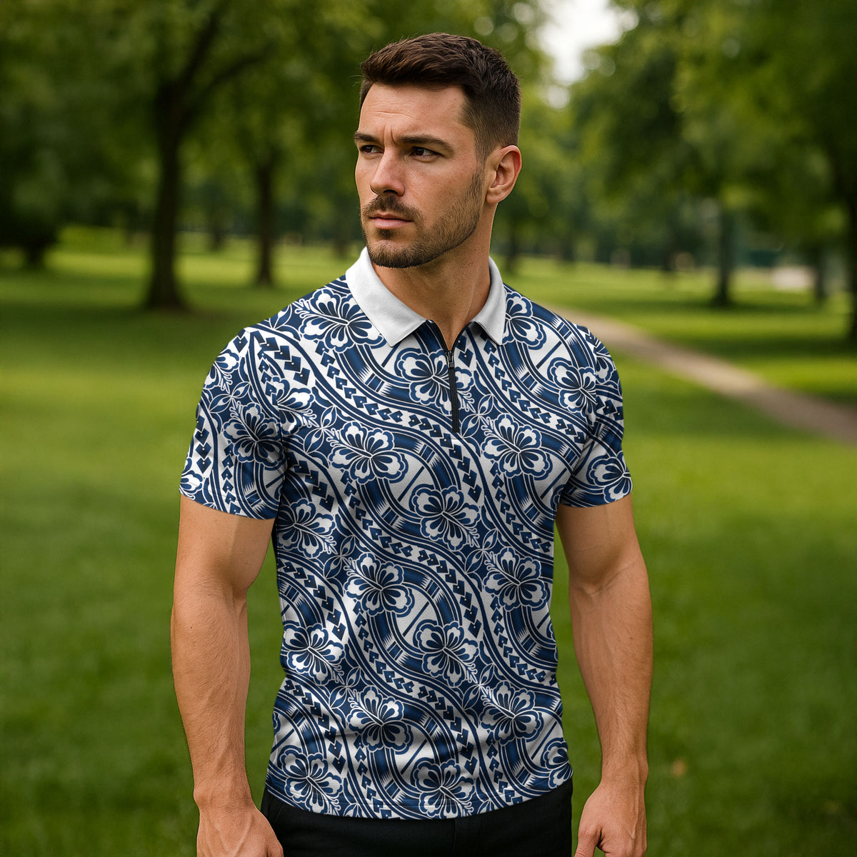 Hibiscus Bloom Island Tribal Waves Zipper Polo Shirt Blue Polynesian Pattern