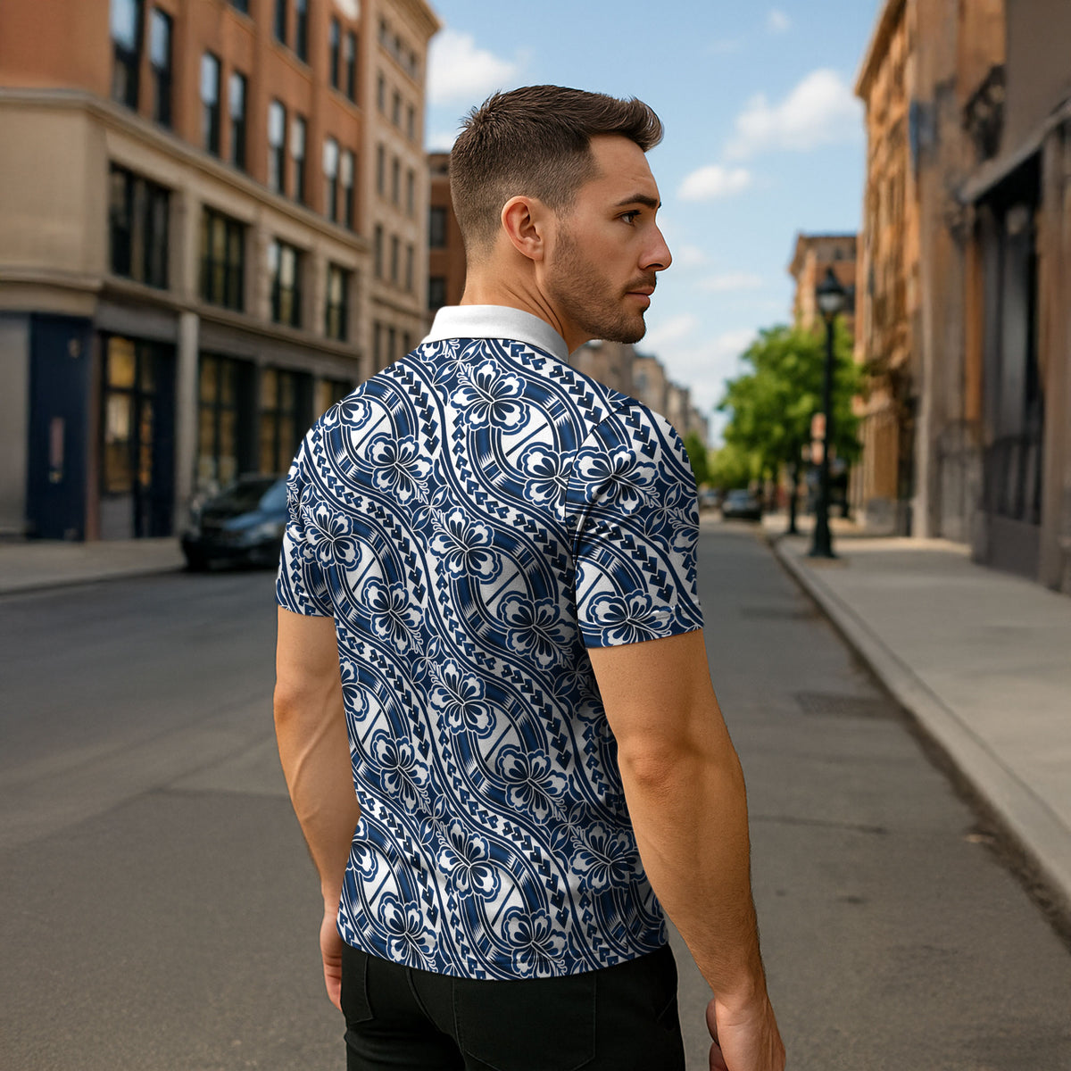 Hibiscus Bloom Island Tribal Waves Zipper Polo Shirt Blue Polynesian Pattern