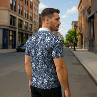 Hibiscus Bloom Island Tribal Waves Zipper Polo Shirt Blue Polynesian Pattern