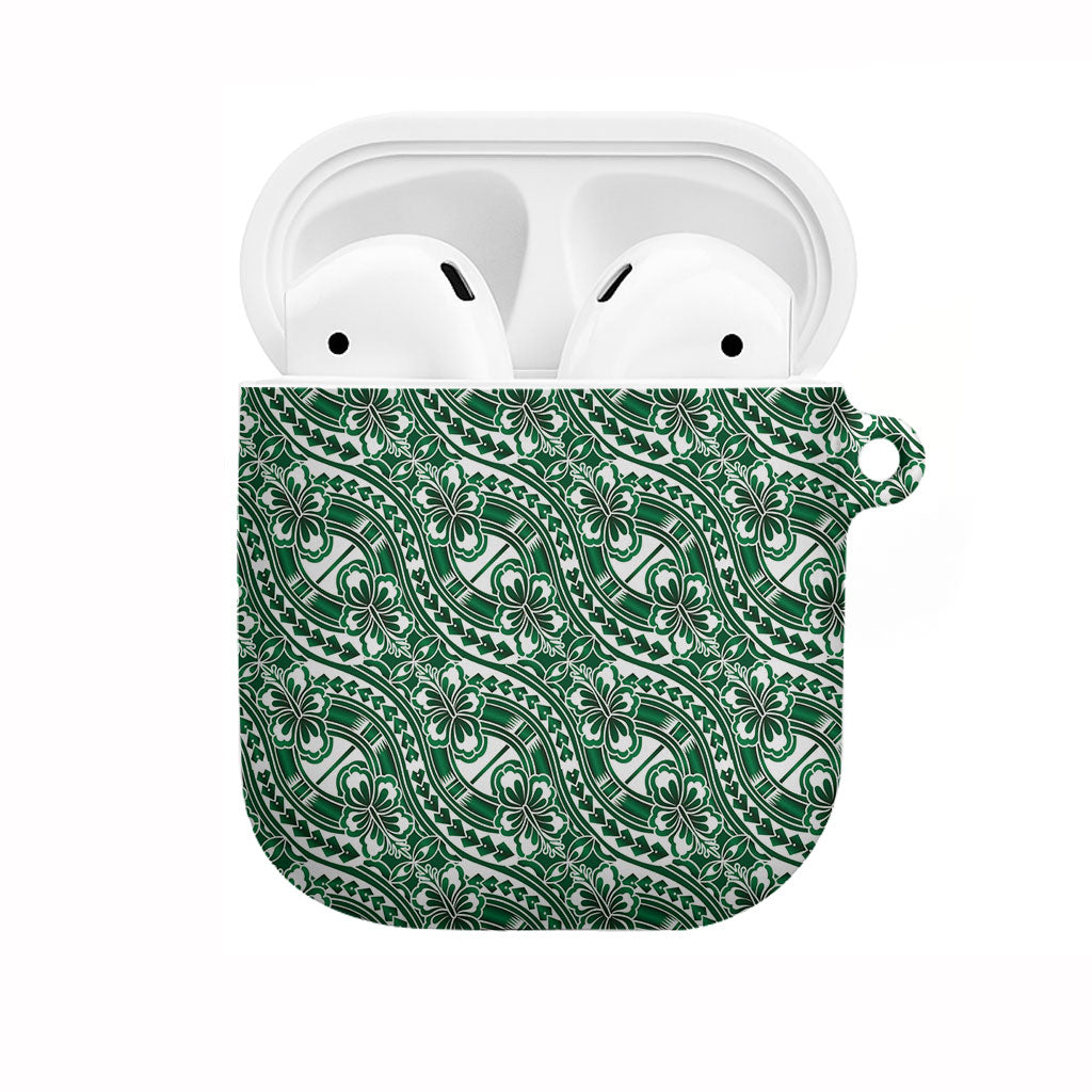 Hibiscus Bloom Island Tribal Waves AirPods Case Green Polynesian Pattern