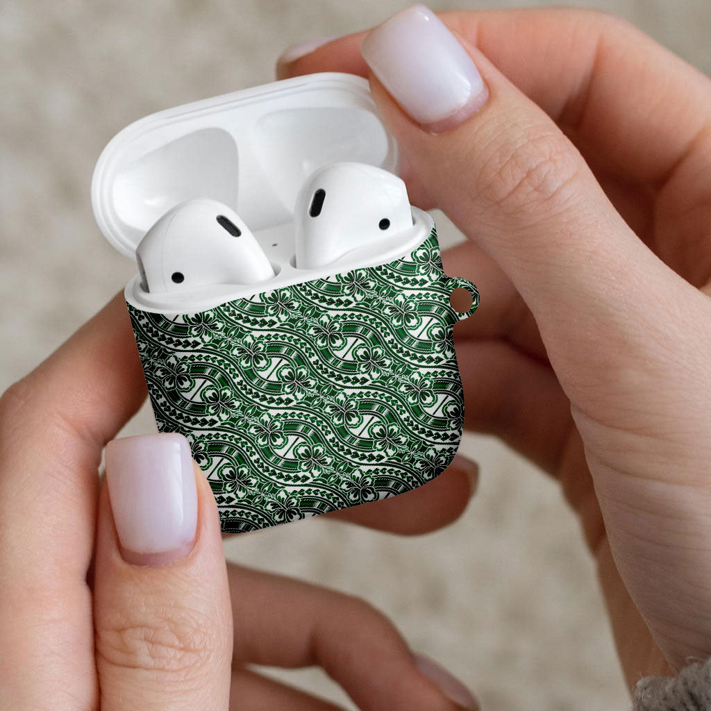 Hibiscus Bloom Island Tribal Waves AirPods Case Green Polynesian Pattern