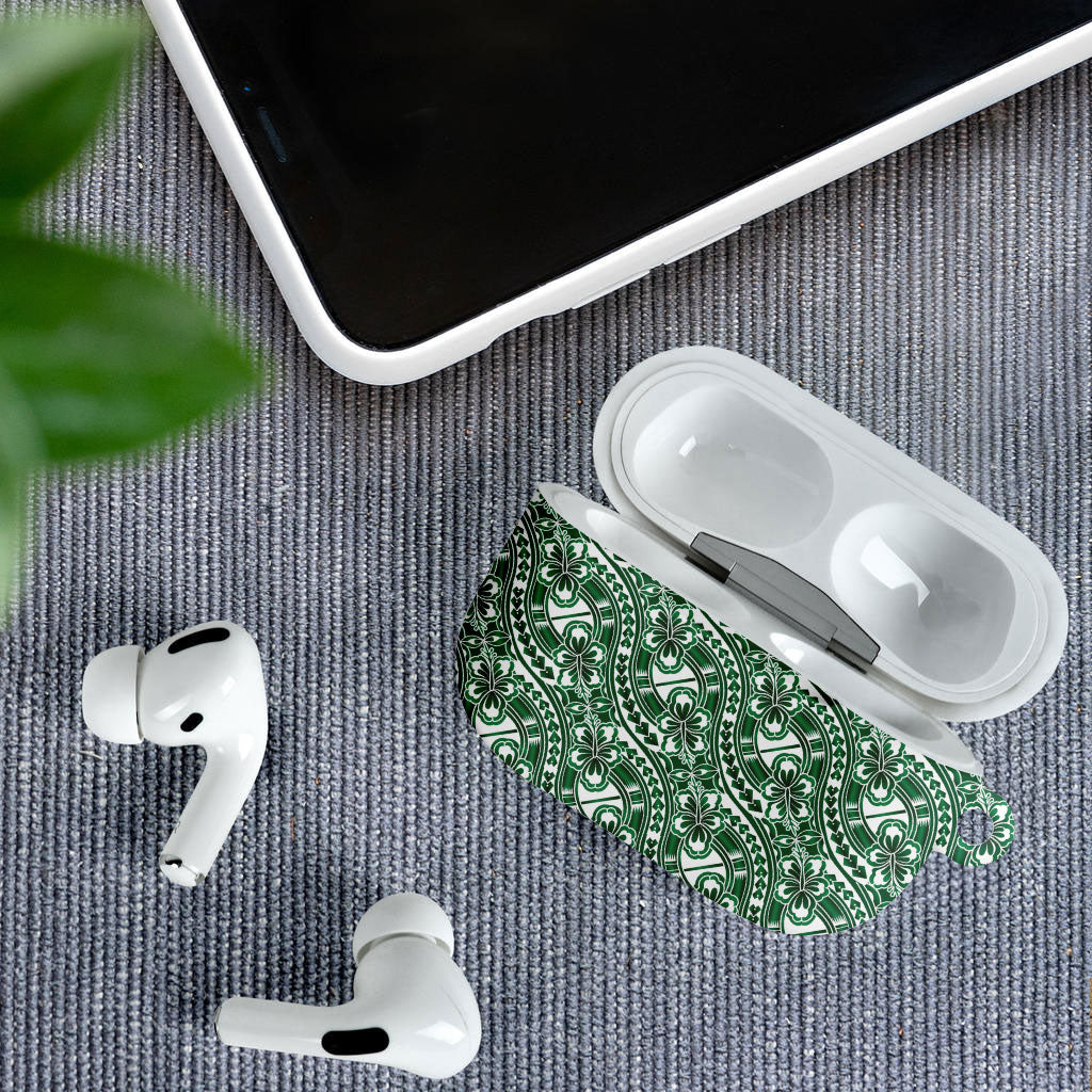 Hibiscus Bloom Island Tribal Waves AirPods Case Green Polynesian Pattern
