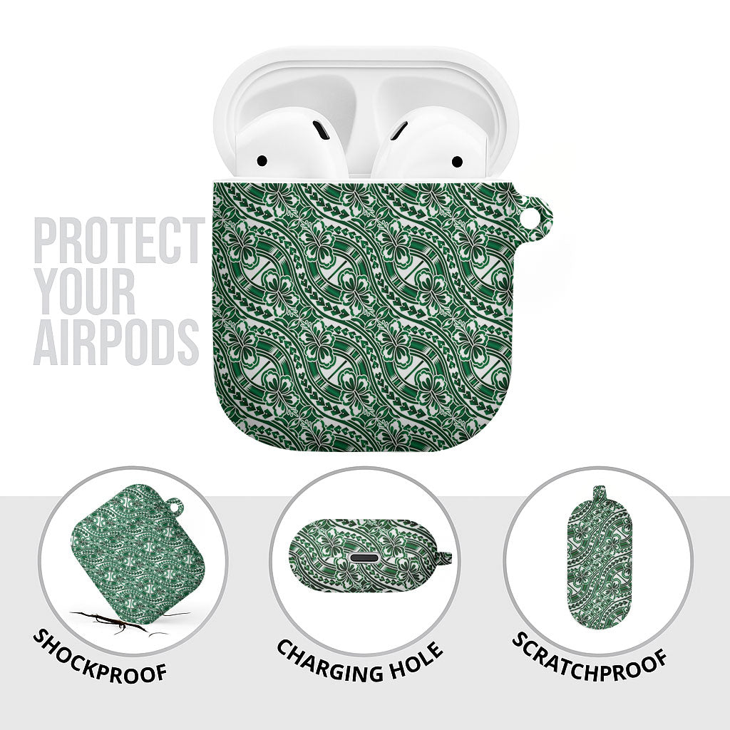 Hibiscus Bloom Island Tribal Waves AirPods Case Green Polynesian Pattern