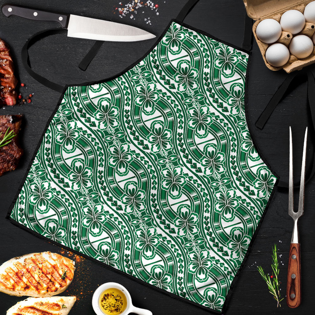 Hibiscus Bloom Island Tribal Waves Apron Green Polynesian Pattern