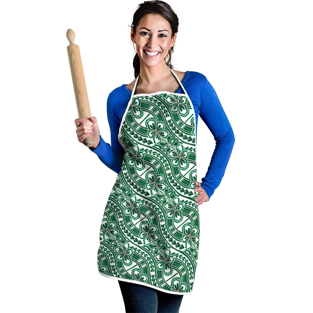 Hibiscus Bloom Island Tribal Waves Apron Green Polynesian Pattern