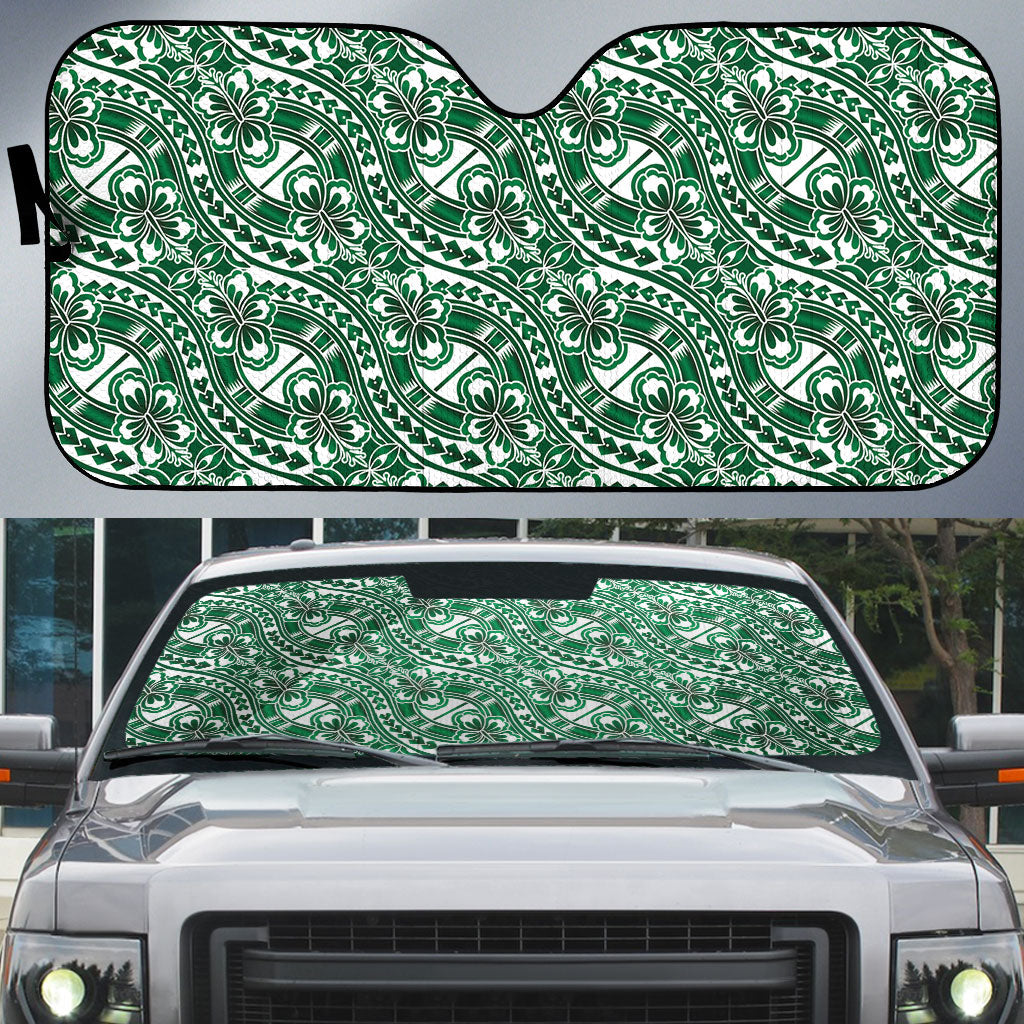 Hibiscus Bloom Island Tribal Waves Auto Sun Shade Green Polynesian Pattern