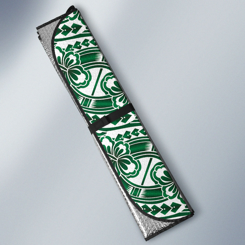 Hibiscus Bloom Island Tribal Waves Auto Sun Shade Green Polynesian Pattern